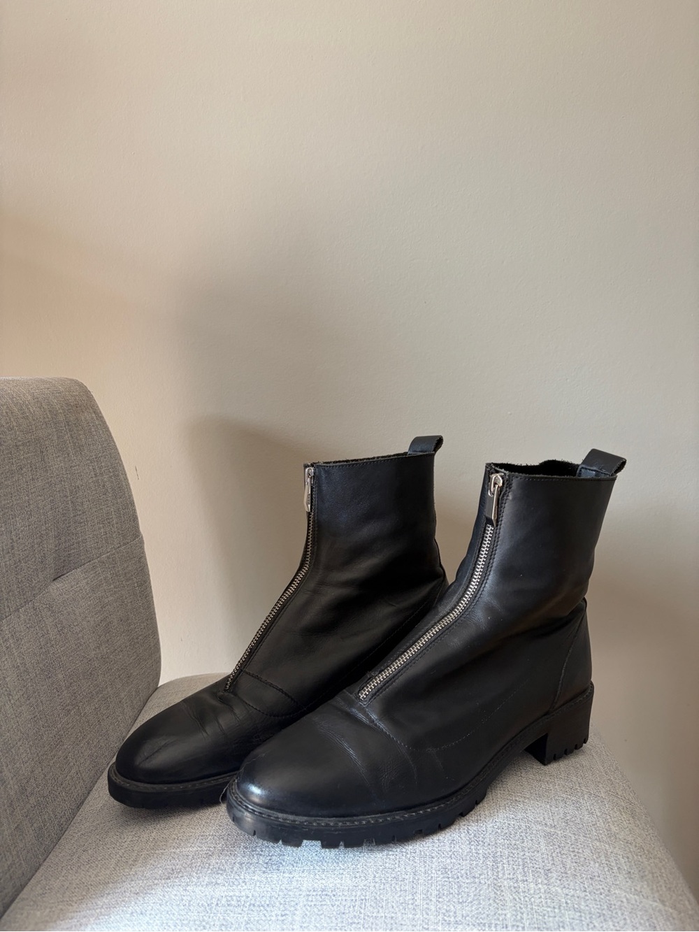 Zara Black Front-Zip Leather Combat Ankle Boots